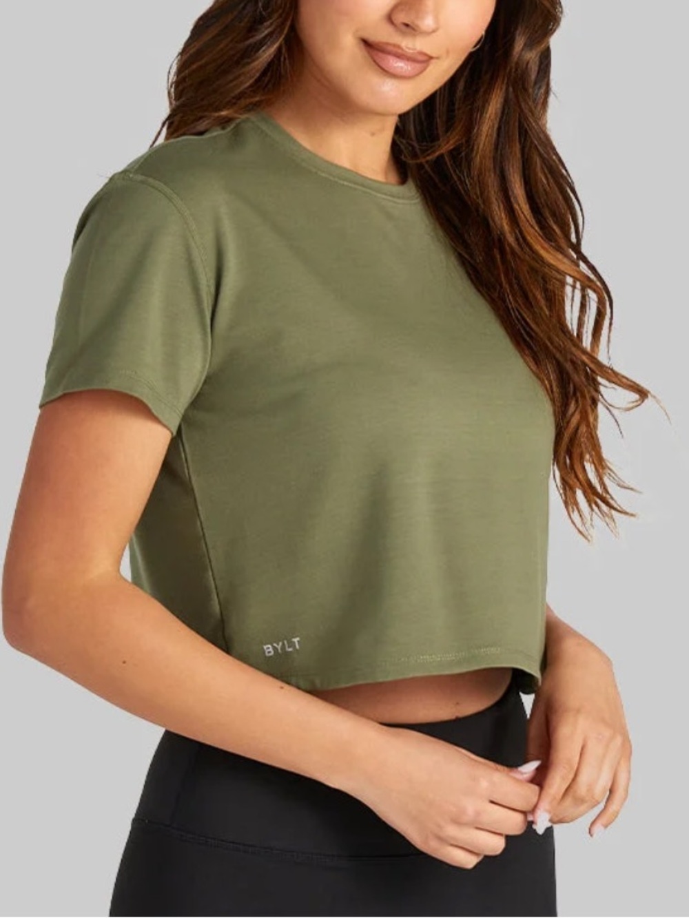 BYLT Essential Cropped Crew T-shirt, size L, palm green